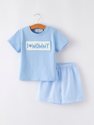 "I ❤ MOMMY" Embroidery Smocking Baby Boys Striped Shorts Set Outfit Rylee Faith Designs Size: 2