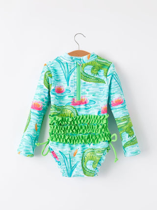 "Crocodile" Green Girls' Swimsuit Swimsuit Rylee Faith Designs Size: 6M
