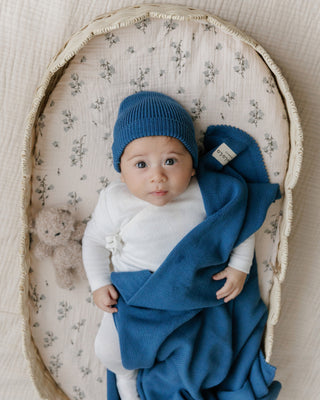100% Organic Cotton Knit Blanket + Hat Set with Gift Box Bleu La La Color: Denim Blue