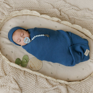 100% Organic Cotton Knit Blanket + Hat Set with Gift Box Bleu La La Color: Denim Blue