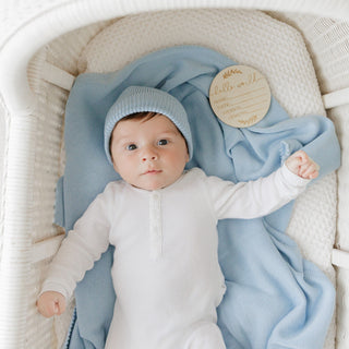 100% Organic Cotton Knit Blanket + Hat Set with Gift Box Bleu La La Color: Denim Blue