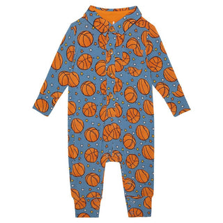 Bamboo Long Sleeve Collared Henley Long Romper - Slam Dunk (Basketball) Posh Peanut Size: 3-6 Months Color: blue