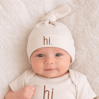 Hi. Embroidered Pecan Knotted Baby Hat Huggalugs Size: 0-3 months