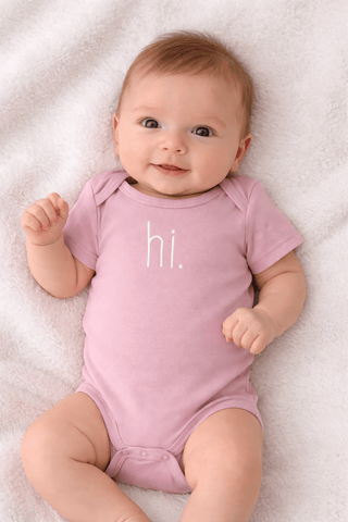 Hi. Embroidered Rosy Pink Cotton Knit Onesie for Baby Huggalugs Size: 0-3 months