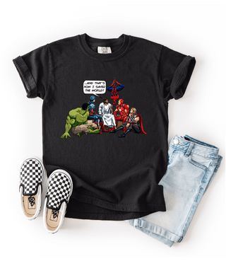 How He saved the World | Kids Unisex Tee Made By Yen Color: Black Size: YXXS=2-4