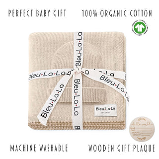 100% Organic Cotton Knit Blanket + Hat Set with Gift Box Bleu La La Color: Denim Blue