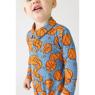 Bamboo Long Sleeve Collared Henley Long Romper - Slam Dunk (Basketball) Posh Peanut Size: 0-3 Months Color: blue