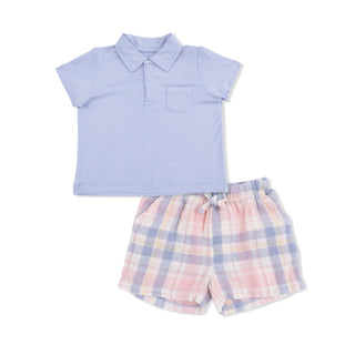 Polo Top with Casual Short - Dusty Plaid 510M Angel Dear Size: 6-12M