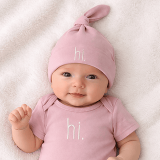 Hi. Embroidered Rosy Pink Knotted Baby Hat Huggalugs Size: 0-3 months