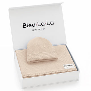100% Organic Cotton Knit Blanket + Hat Set with Gift Box Bleu La La Color: Oatmeal