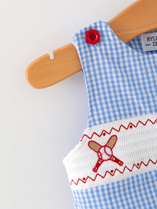 Baby Boy Baseball Smocked Romper - Blue Plaid Summer Outfit Romper Rylee Faith Designs Size: 3M