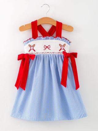 Toddler Girls Baseball Smocked Dress - Blue Plaid Summer Outfit Dress Rylee Faith Designs Size: 2