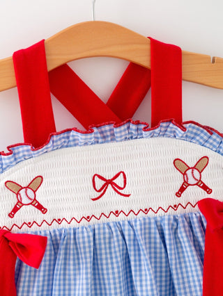 Toddler Girls Baseball Smocked Dress - Blue Plaid Summer Outfit Dress Rylee Faith Designs Size: 2