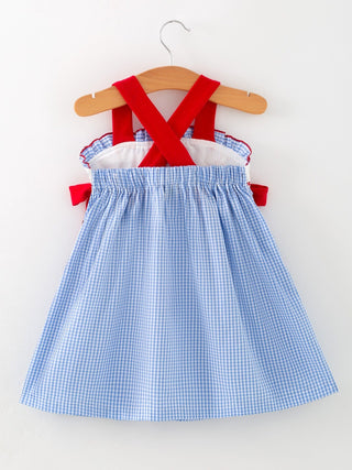 Toddler Girls Baseball Smocked Dress - Blue Plaid Summer Outfit Dress Rylee Faith Designs Size: 2