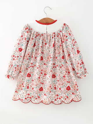 Christmas Red Floral Girls Dress Candy Cane Bow Embroidery Dress