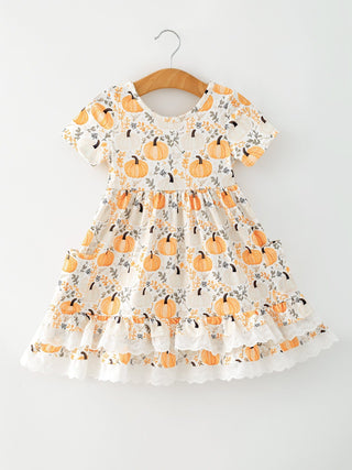 Fall Orange Girls Pumpkin Patch Pockets Dress Lace Trim