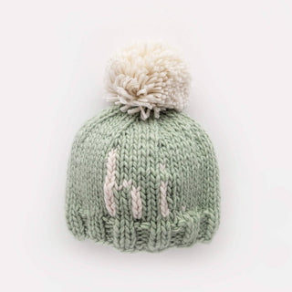 Hi. Sage Green Hand Knit Beanie Hat Huggalugs Size: XS (newborn)