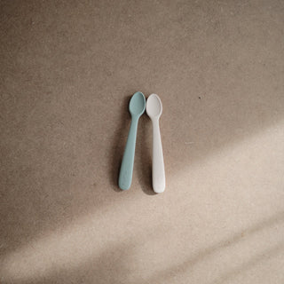 Silicone Feeding Spoons 2-Packsilicone tablewareMushieColor: Cambridge Blue/Shifting Sand