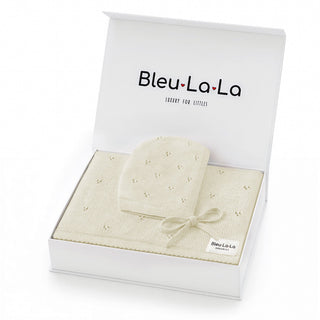Organic Pointelle Swaddle Blanket + Hat Gift Set Bleu La La Color: Butter Cream