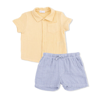 Micro Gingham Blue Blizzard - Polo Button Up with Casual Short 827M Angel Dear Size: 6-12M