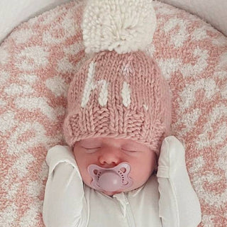Hi. Rosy Hand Knit Beanie Hat for Baby Huggalugs Size: XS (newborn)