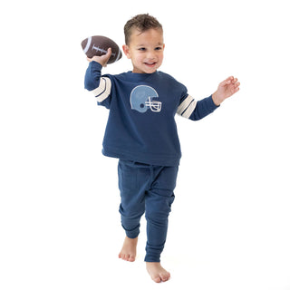 Drop Sleeve Sweatshirt With Varsity Stripes Blue Helmet - Football Helmets Angel Dear
