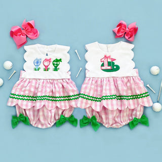 First Birthday Golf Bubble for Girls - Reversible Pink Gingham Skirted Bubble Outfit Baby One-Pieces Seven Lantern Lane Size: 12M