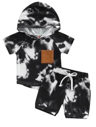 Boy's Hooded Short Sleeve Top & Drawstring Shorts Outfit Set - Black Tie-Dye Baby & Toddler Outfits