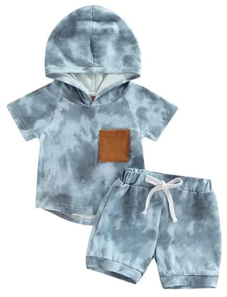 Baby Riddle Boy's Hooded Short Sleeve Top & Drawstring Shorts Set - Blue Tie-Dye