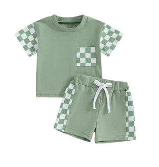 Baby Riddle Boy's Crew Neck T-Shirt & Shorts Set - Green Checkerboard