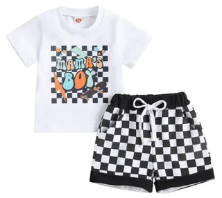 Baby Riddle Boy's T-Shirt & Drawstring Shorts Set - Checkered Mama's Boy