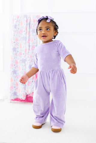 Solid Short Sleeve Velvet Leggy Jumpsuit - Lavender Baby One-Pieces