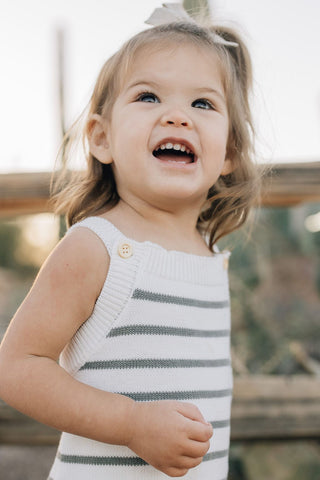 Mebie Baby Sage Stripe Knit Bubble Romper | Baby Riddle