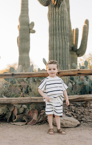 Mebie Baby Sage + Navy Stripe Knit Short Set | Baby Riddle