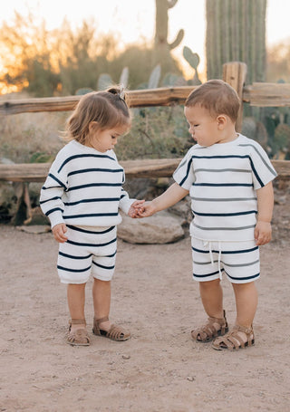 Mebie Baby Sage + Navy Stripe Knit Short Set | Baby Riddle