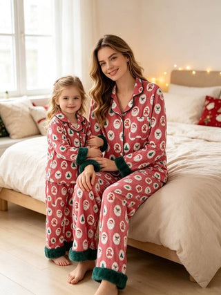 Mommy and Me Christmas Santa Print Pajama Set with Fur Trim