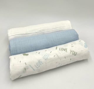Swaddle Muslin Blankets - BUNDLE OF LOVE, Set of 3, Boy Newborn Gift HeyPeacock
