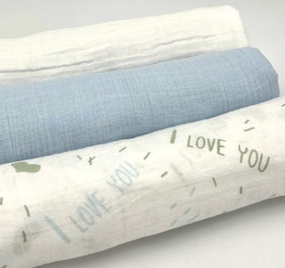 Swaddle Muslin Blankets - BUNDLE OF LOVE, Set of 3, Boy Newborn Gift HeyPeacock
