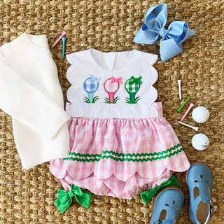 First Birthday Golf Bubble for Girls - Reversible Pink Gingham Skirted Bubble Outfit Baby One-Pieces Seven Lantern Lane Size: 12M