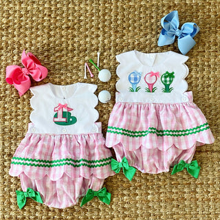 First Birthday Golf Bubble for Girls - Reversible Pink Gingham Skirted Bubble Outfit Baby One-Pieces Seven Lantern Lane Size: 12M