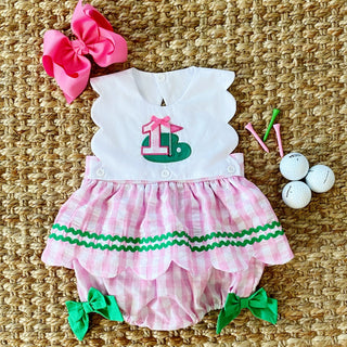 First Birthday Golf Bubble for Girls - Reversible Pink Gingham Skirted Bubble Outfit Baby One-Pieces Seven Lantern Lane Size: 12M