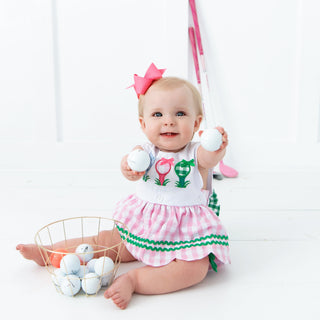 First Birthday Golf Bubble for Girls - Reversible Pink Gingham Skirted Bubble Outfit Baby One-Pieces Seven Lantern Lane Size: 12M