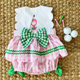 First Birthday Golf Bubble for Girls - Reversible Pink Gingham Skirted Bubble Outfit Baby One-Pieces Seven Lantern Lane Size: 12M