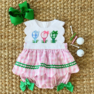 First Birthday Golf Bubble for Girls - Reversible Pink Gingham Skirted Bubble Outfit Baby One-Pieces Seven Lantern Lane Size: 12M