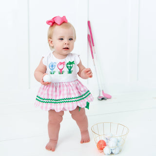 First Birthday Golf Bubble for Girls - Reversible Pink Gingham Skirted Bubble Outfit Baby One-Pieces Seven Lantern Lane Size: 12M
