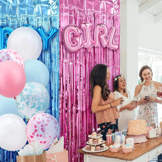 Gender Reveal Curtains & Letter Foil Balloons Set Party Supplies Baby Riddle