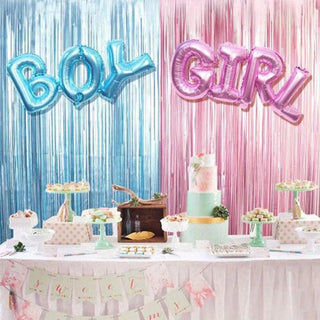 Gender Reveal Curtains & Letter Foil Balloons Set Party Supplies Baby Riddle