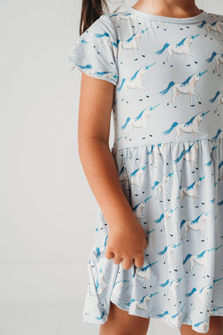 Girl's Print Bamboo Flutter Sleeve Twirl Dress with Pockets - Dew Prancing Unicorn Baby & Toddler Dresses KicKee Pants Size: 2T