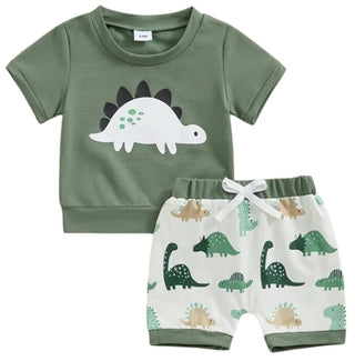 Baby Riddle Boy's Short Sleeve T-Shirt & Drawstring Shorts Outfit Set - Green Dinosaur