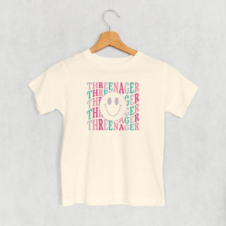 Threenager Tee (Pink + Purple) (Kids) POD - Apparel Ivy + Cloth Style: Toddler Tee Color: Natural Size: 2T